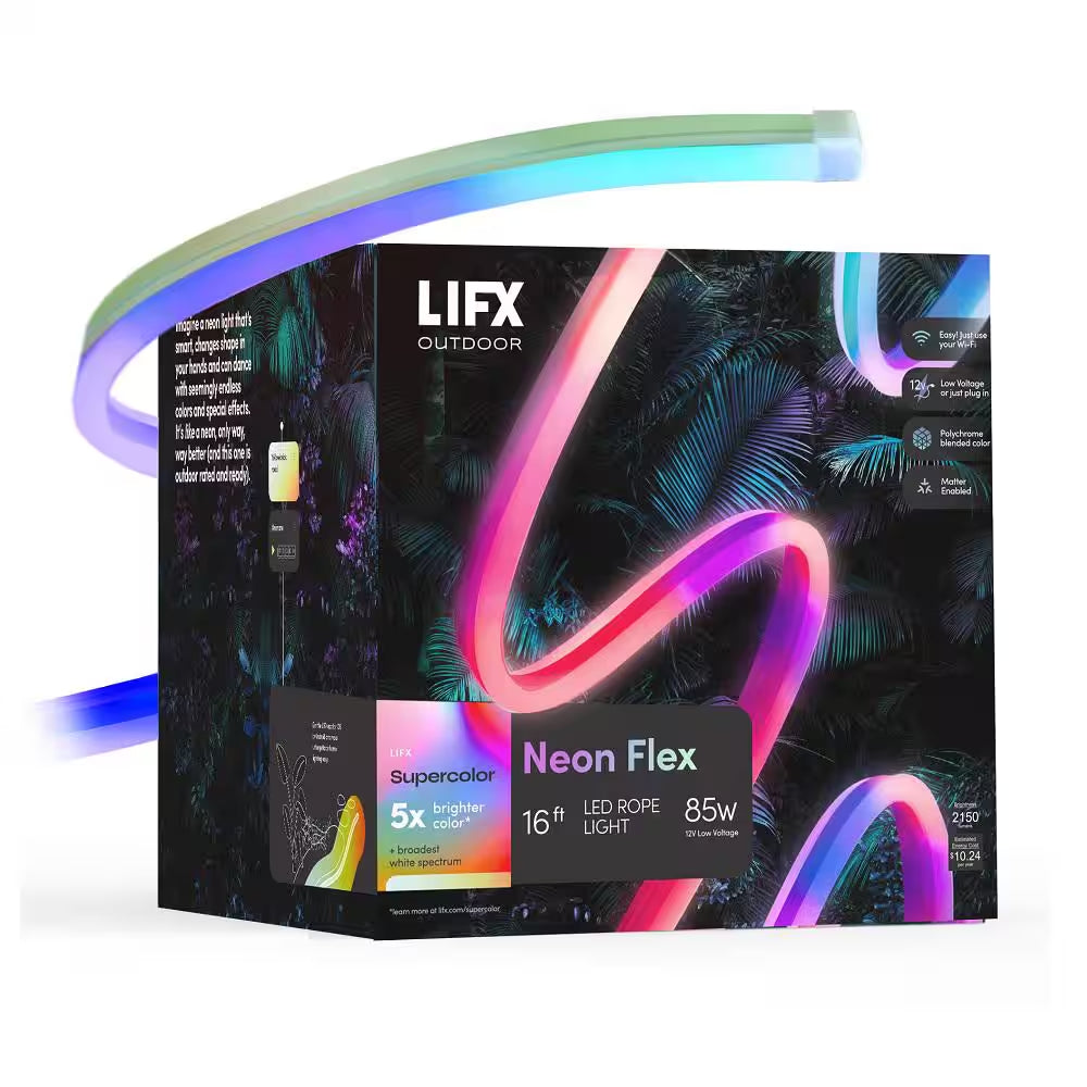 16 Ft. Smart Wi-Fi RGBW 120V Plug-In/12V Neon Flex Integrated LED Outdoor Rope Light Works Alexa/Hey Google/Homekit/Siri