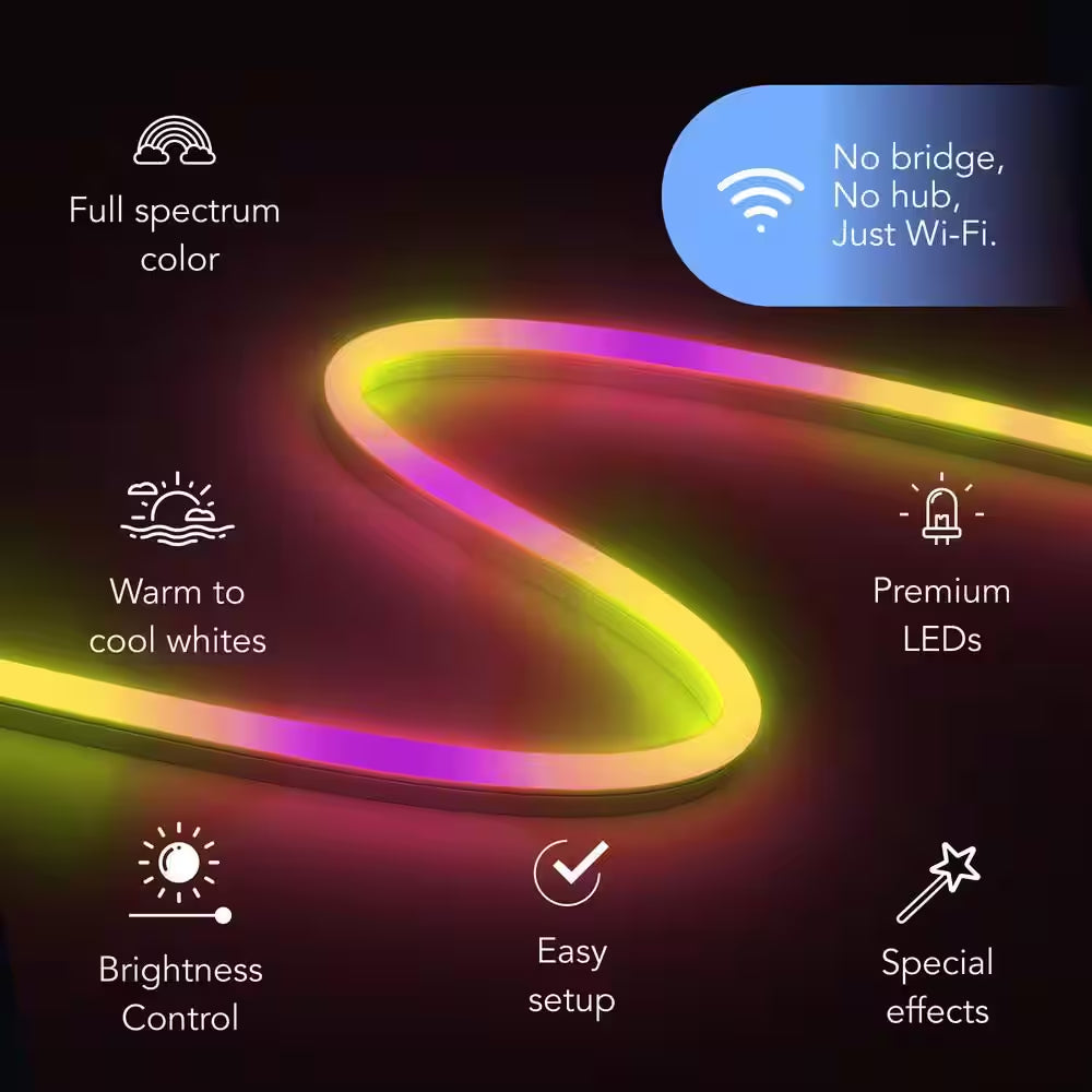 16 Ft. Smart Wi-Fi RGBW 120V Plug-In/12V Neon Flex Integrated LED Outdoor Rope Light Works Alexa/Hey Google/Homekit/Siri